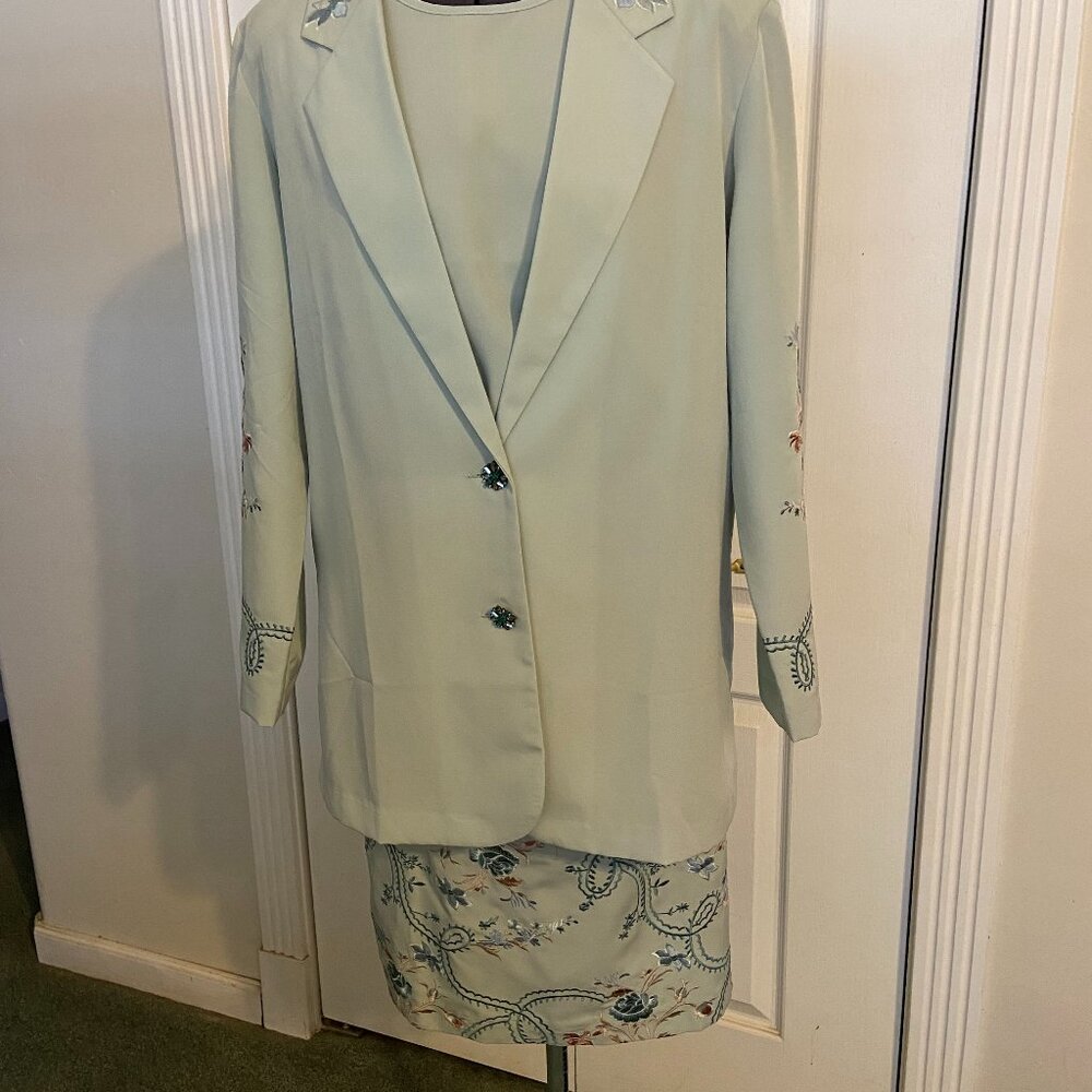 Three piece Maggie Sweet suit, mint green w/embroidery, poly, size M